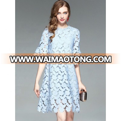 OEM wholesale one piece shift mini dress blue lace hollow out dress